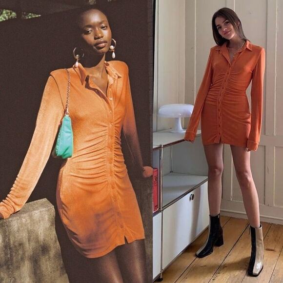 With Jean | Andy Dress Maple Ruched Front Slinky Shirt Dress Orange XS - Picture 2 of 14